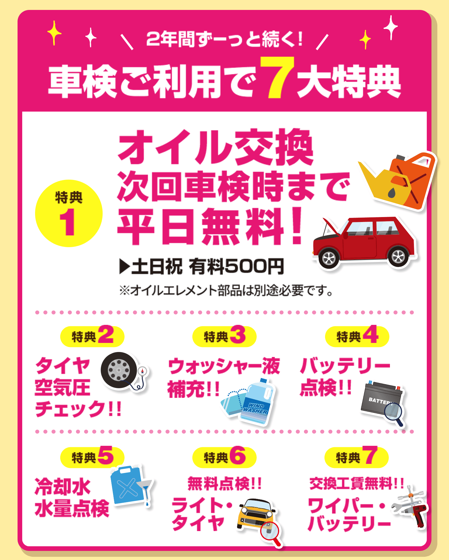 車検ご利用で7大特典。特典1：オイル交換が次回車検まで平日無料（土日祝500円）。特典2：タイヤ空気圧チェック。特典3：ウォッシャー液補充。特典4：バッテリー点検。特典5：冷却水水量点検。特典6：ライトとタイヤの無料点検。特典7：ワイパー・バッテリーの交換工賃無料。